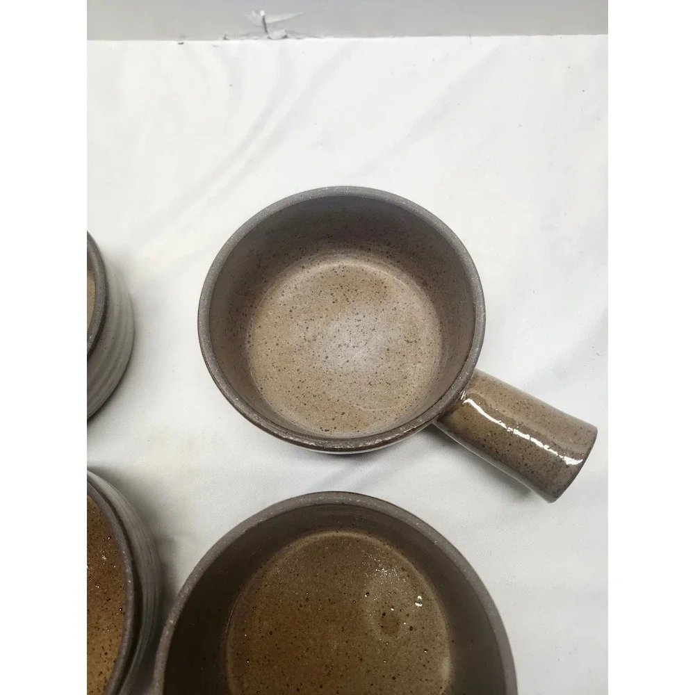 Vintage Brown Speckled Stoneware French Onion Soup Bowls with Lids Set of 4